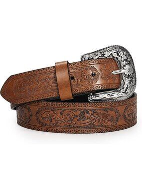 Unisex Brown Leather Belt Vintage Western Cowboy Belt Engraved Buckle Belt